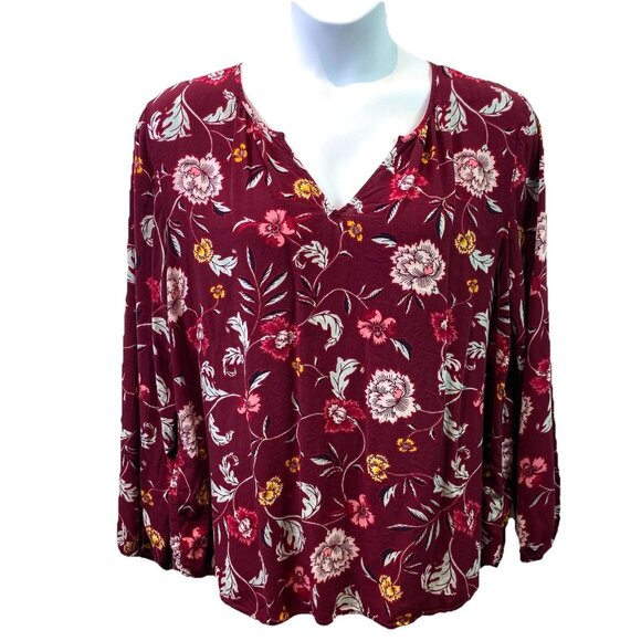Old Navy Womens Relaxed Shirred Blouse in Burgundy Floral Boho Sz XL - Picture 2 of 9